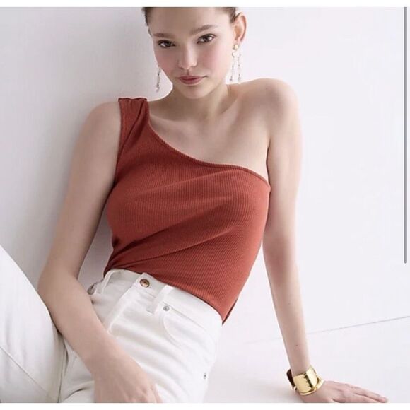 J. Crew cotton blend One Shoulder Tank Top Vintage Rib Orange Rust size L NWT - Picture 1 of 9